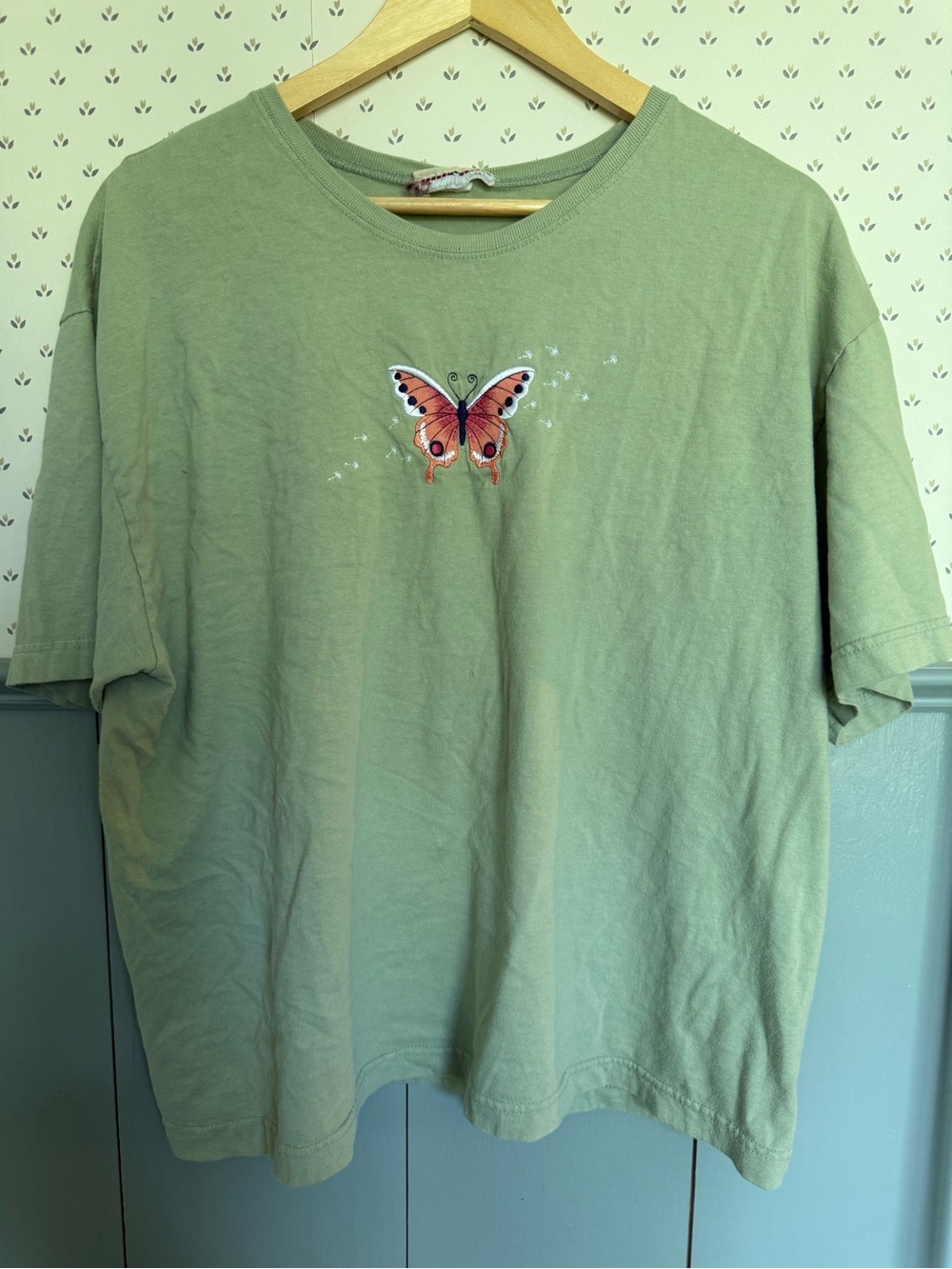 Vintage Green Butterfly Embroidered Tee